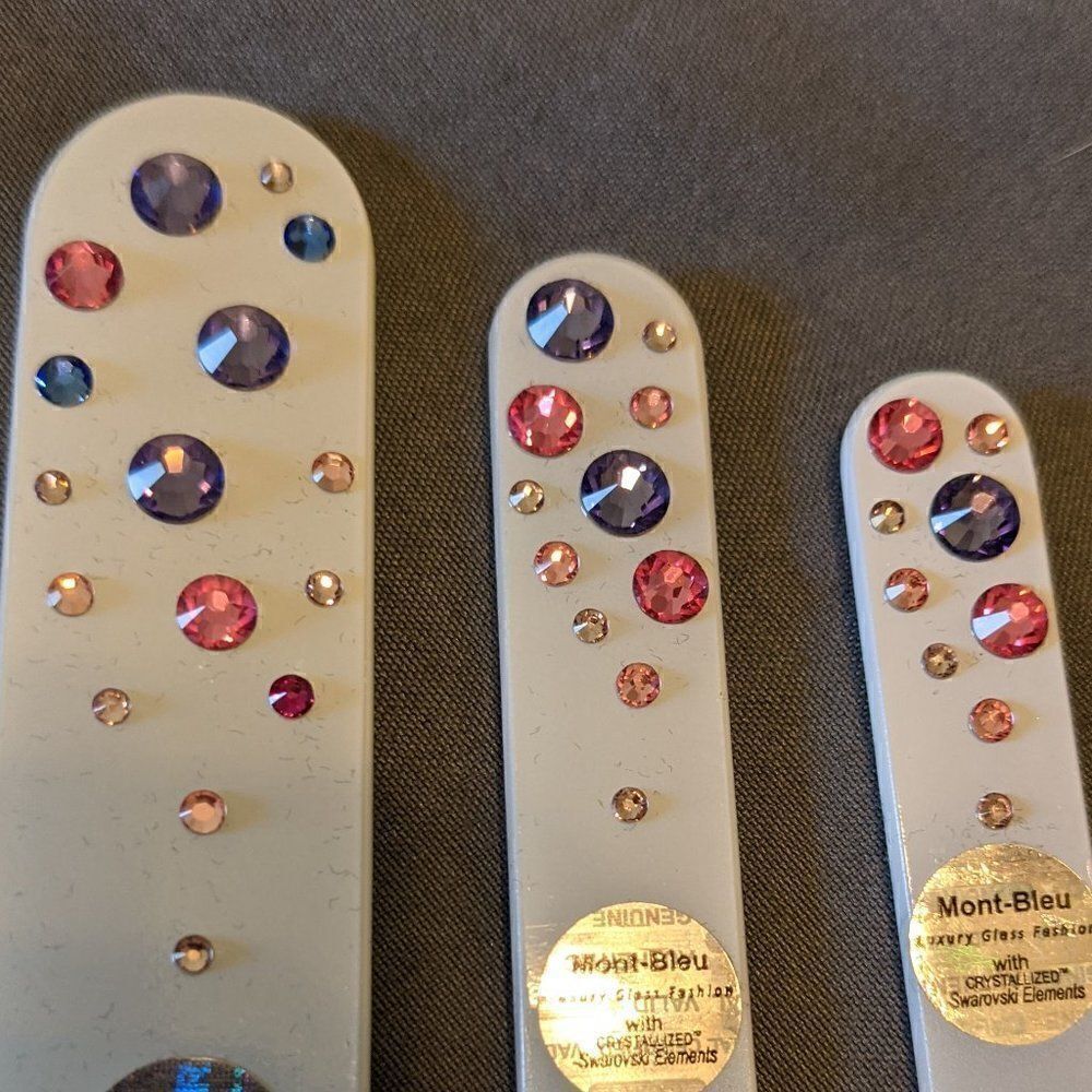 🆕SET OF 3 MONT BLEU DOUBLE SIDED WHITE GLASS NAIL FILES W/ SWAROVSKI CRYSTALS